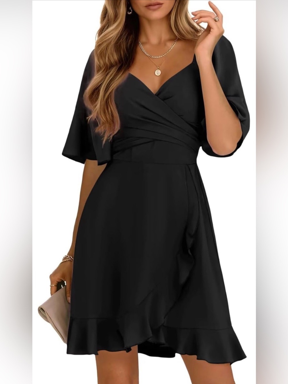 NWT Chic Black Wrap Mini Dress with Flutter Sleeves, Small